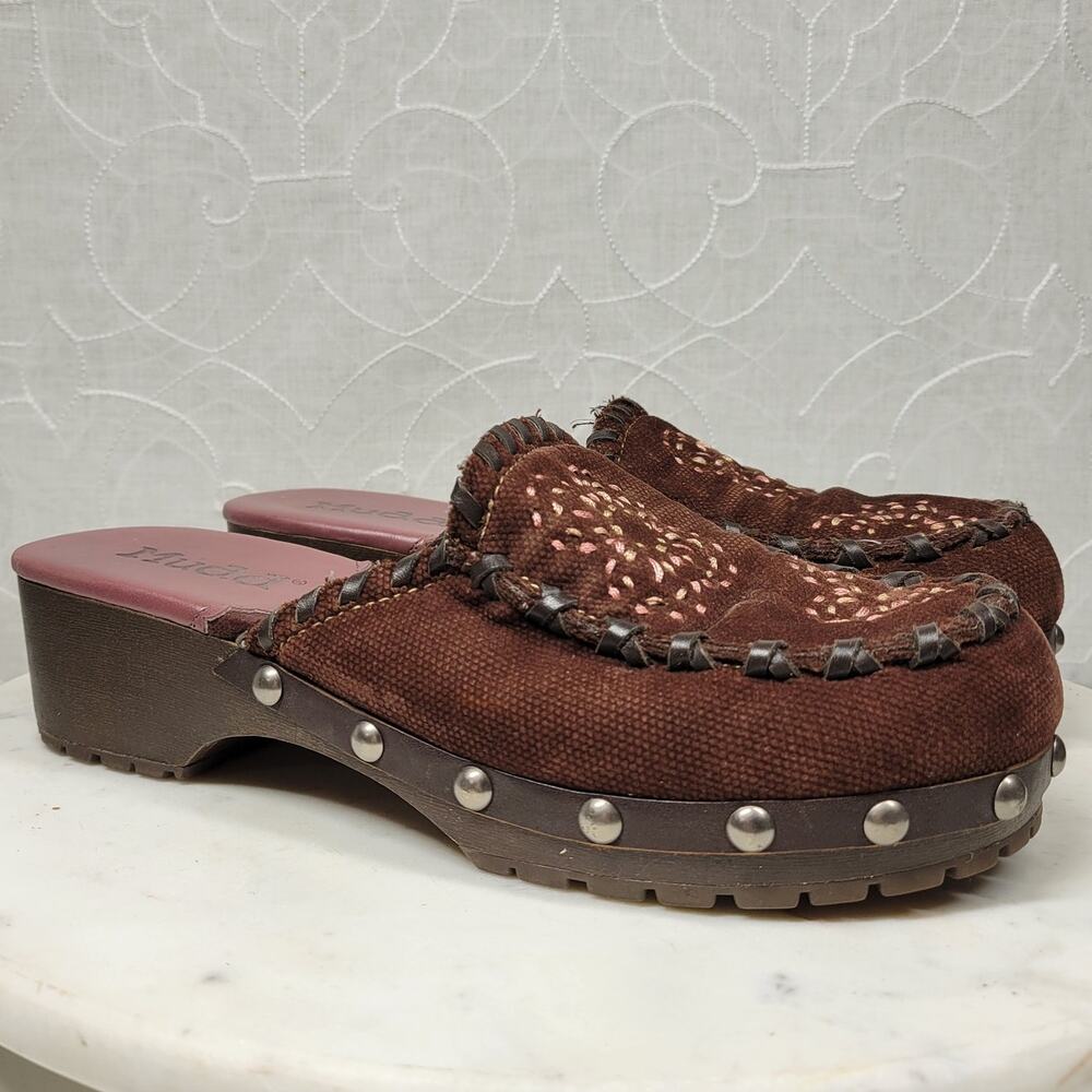 Vintage Mudd Y2K Mules Womens 9 Brown Floral Embroidery Rivets Wooden Platform